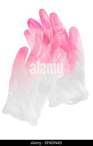 Pair of silicone gloves stained pink paint isolated on white background Stock Photo
