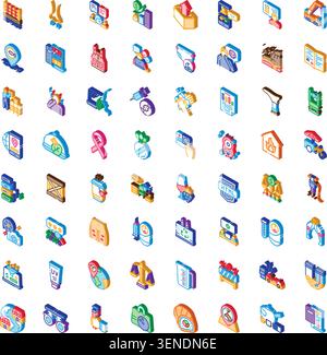 Isometric icon set displaying a diverse collection of digital symbols and conceptual graphics for business, health, technology, science, finance, and Stock Vector