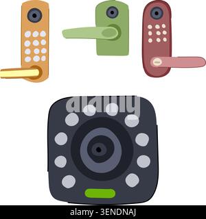 Smart door lock systems and biometric camera illustrating modern solutions for property access control, security, and home automation using advanced a Stock Vector