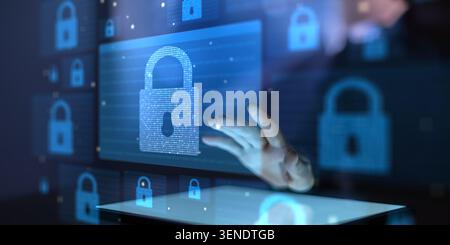 Cybersecurity system for enterprise data protection and privacy with touchscreen lock icons Stock Photo