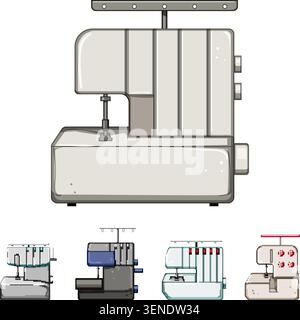 Collection of various modern overlock sewing machines illustrating textile work, garment construction, and crafting, isolated on a white background fo Stock Vector
