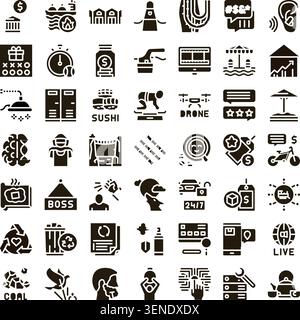 Set of clean glyph icons covering diverse everyday objects, activities and commercial concepts for infographics, web and mobile interfaces, apps, pres Stock Vector