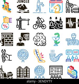 Set of assorted graphics and symbols depicting a wide range of themes, including business, health, construction, nature, security, and daily activitie Stock Vector