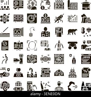 Diverse set of solid black glyph icons representing various concepts including construction, finance, health, travel, nature, food, and modern technol Stock Vector