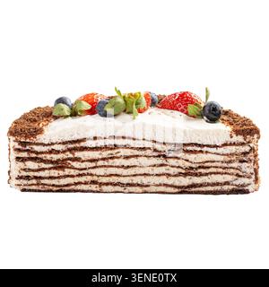 Layered chocolate cake slice with berries Stock Photo