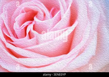 Abstract oil painting macro close up pink rose petals with canvas texture full frame, impressionistic floral fine art background Stock Photo