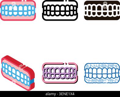 Set Of False Teeth Stomatology Vector Sign Icon Thin Line. Stomatology Dentist Instrument Equipment And concepts Device Linear Pictogram. Medical Trea Stock Vector