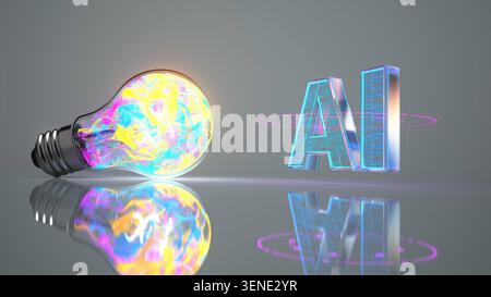Artificial intelligence innovation concept with glowing light bu Futuristic artificial intelligence concept featuring a glowing light bulb and illumin Stock Photo