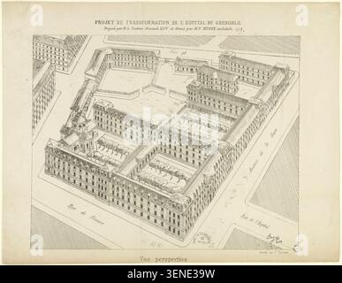 The perspective view prepared by F. Bugey in 1889 presents a proposed transformation of the General Hospital in Grenoble, showing the planned architectural and urban modifications. Stock Photo