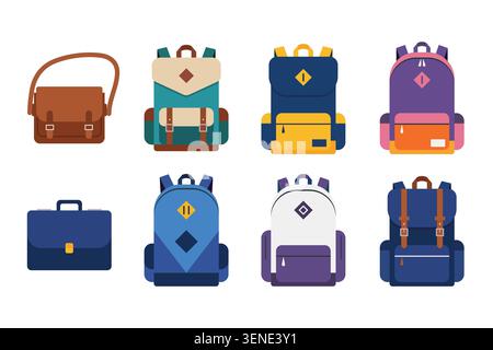 Set of childish school backpacks. Colorful school backpack collection. student bags  vector illustration Stock Vector