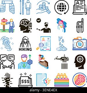 Set of assorted glyph and outline icons depicting human conditions, medical topics, psychology, nature, communication, abstract ideas, and various gra Stock Vector