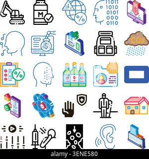 Set of various line and isometric icons representing different concepts from industry, technology, science, ecology, finance, communication, healthcar Stock Vector