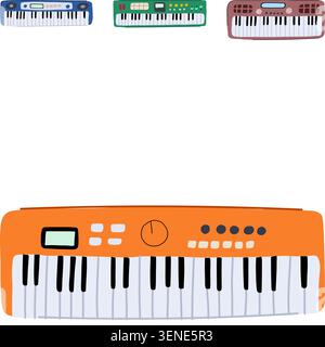 Stylized musical instruments including a large orange synthesizer and smaller blue, green, and brown keyboards, illustrating diverse electronic music Stock Vector
