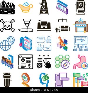 Collection of diverse icons illustrating concepts across science, technology, medicine, industry, shopping, global logistics, and digital services, sy Stock Vector