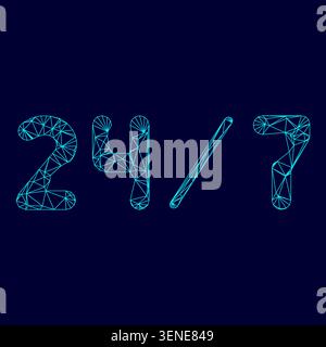 24/7 service low poly triangulation triangulated polygonal electric cyan blue vibrant aqua neon color vector illustration image outline contour line Stock Vector