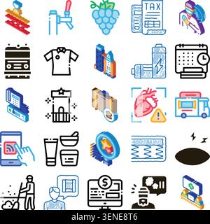Set of vector icons portraying topics from healthcare and technology to business and lifestyle, depicting essential services and everyday objects for Stock Vector