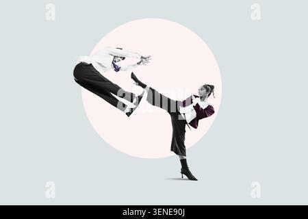 Flat design art. Businessmen fighting concept. Self-defense for women concept. Angry office workers in the city. Business fight. Stock Photo