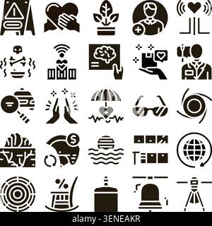 Collection of glyph icons depicting various concepts related to healthcare, safety, environmental care, insurance, and technological advancements, pre Stock Vector