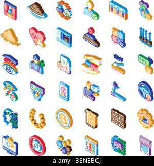 Diverse collection of 3d isometric icons depicting various modern concepts including digital communication, financial transactions, data security, hea Stock Vector