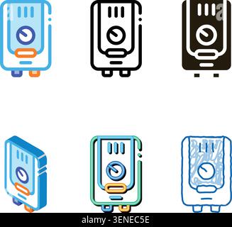 Gaz Boiler Heating System Equipment Vector Icon Thin Line. Cool And Humidity, Airing, Ionisation And Heating modern Stock Vector