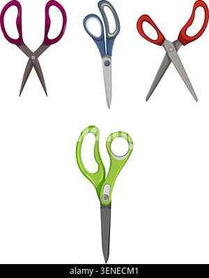 Assortment of colorful cutting tools, including open and closed scissors, ready for various uses like crafting projects, school activities, or office Stock Vector