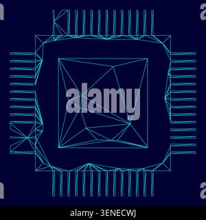 Processor low poly triangulation triangulated polygonal electric cyan blue vibrant aqua neon color vector illustration image outline contour line Stock Vector
