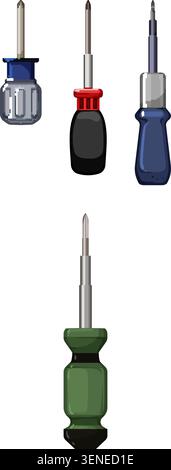 Various hand tools for tightening and loosening screws, including different types and sizes, essential for home improvement, construction, and mainten Stock Vector