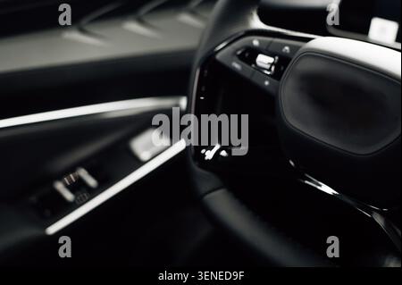Black Steering Wheel, Steering Wheel, Multimedia Control Buttons, Leather Steering Wheel Stock Photo
