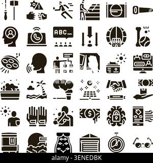 Collection of conceptual glyph icons representing various business activities, human actions, health, nature, technology, and economic themes on a cle Stock Vector