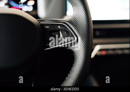 Black Steering Wheel, Steering Wheel, Multimedia Control Buttons, Leather Steering Wheel Stock Photo