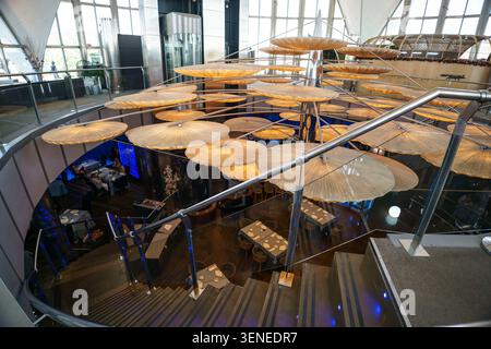 Interior view of the Restaurante Submarino at the Oceanografic in Valencia, Spain, showcasing its modern design and unique jellyfish-like lighting Stock Photo