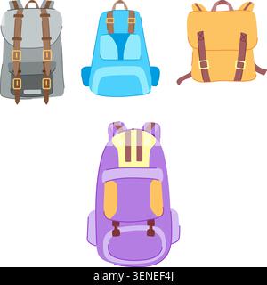 Collection of colorful backpacks in gray, blue, yellow and purple, perfect for travel, hiking, camping, school and everyday adventures on a white back Stock Vector