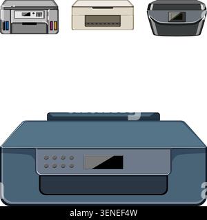 Collection of computer printing devices for office and home use, offering concepts of technology, connectivity, productivity, document handling, and d Stock Vector