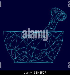 Mortar and pestle low poly triangulation triangulated polygonal electric cyan blue vibrant aqua neon color vector illustration image outline contour Stock Vector