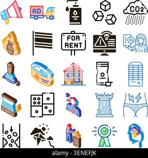 Diverse set of line and isometric icons showing various aspects of advertising, ecology, health, housing, business strategy, entertainment, and person Stock Vector
