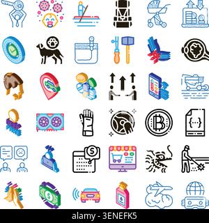 Collection of conceptual isometric icons representing various aspects of modern technology, business, finance, health, and daily life on a white backg Stock Vector