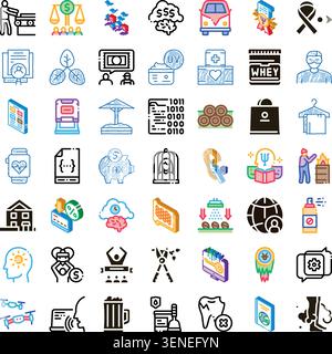 Various outline and colored icons forming a big collection, representing concepts like healthcare, technology, business, finance, and lifestyle, usefu Stock Vector