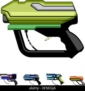 Futuristic plastic toy laser blasters for kids offering fun, interactive gaming and active play, creating an engaging experience for team activities a Stock Vector