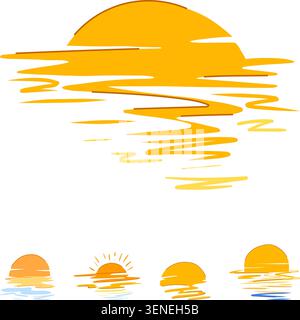Stylized sun setting over calm water creating warm, vibrant reflections, with a collection of four smaller sunset variations illustrating a serene nat Stock Vector