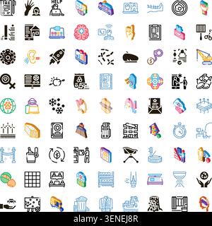 Set of colorful and black and white vector icons representing broad themes like business, healthcare, technology, environment, food, logistics, and so Stock Vector
