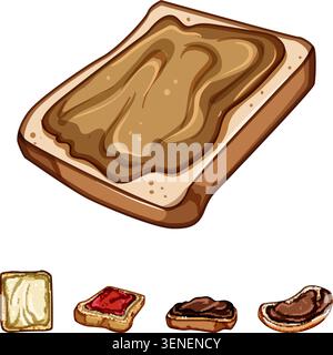 Collection of assorted breakfast toasts on white background with creamy peanut butter, fruit jam, chocolate spread and buttersweet, colorful morning s Stock Vector