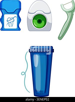 Dental floss collection presenting different types of daily oral cleaning tools like thread, pick, and refillable containers for a healthy mouth and f Stock Vector