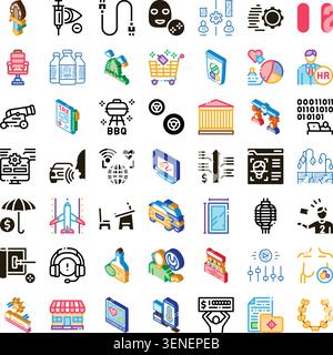 Big collection of diverse isometric icons illustrating a variety of concepts including business, technology, finance, travel, health, and daily life a Stock Vector