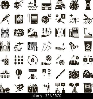 Diverse collection of glyph icons illustrating global societal challenges, environmental concerns, and potential solutions impacting human life and th Stock Vector