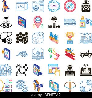 Diverse set of isometric and line icons for business, science, medical, digital development and tools, representing technology, analytics, security, n Stock Vector