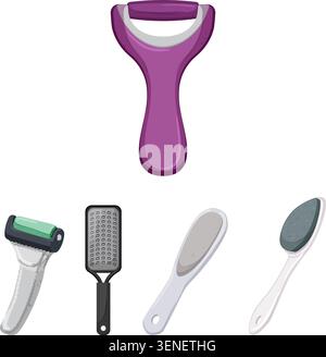 Set of various foot care tools and instruments, including different shapes of callus removers, files, and pumice stones, providing essential pedicure Stock Vector