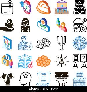 Collection of conceptual and descriptive icons illustrating diverse themes including finance, construction, human resources, health, psychology, envir Stock Vector