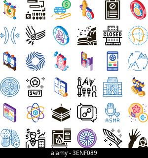 Set of diverse vector icons depicting abstract concepts, business elements, technology symbols, and medical illustrations, all rendered in a clean and Stock Vector