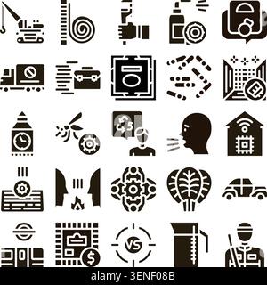 Collection of black glyph icons on white background depicting smart home, transport, recycling, health, construction, finance and daily living concept Stock Vector