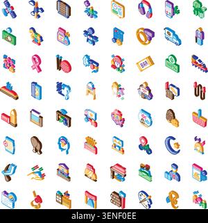 Isometric vector icons representing various modern businesses, services, activities, and everyday objects, offering a diverse array of colorful symbol Stock Vector
